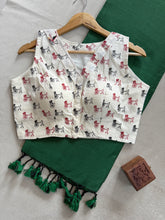 Green Handloom Cotton Saree With Printed Redy Made Blouse